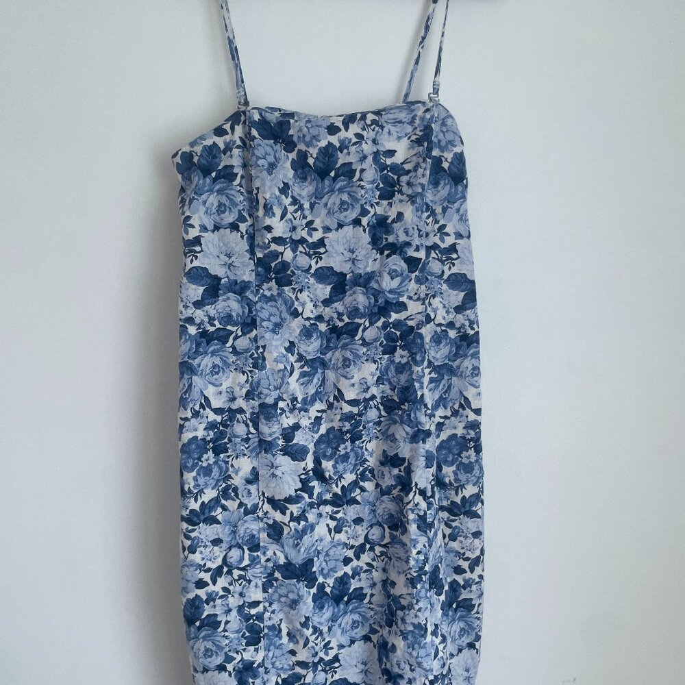Abercrombie Linen Floral Strapless Midi Dress XL - Blue/White